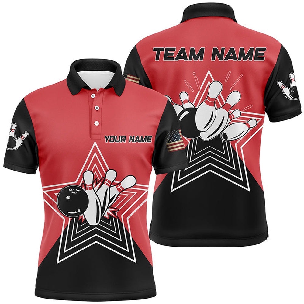 Red And Black Retro Bowling Ball Pins Star Custom Mens Polo Bowling Shirt Team League Polo Shirt, Personalized Bowling Team Shirt Red And Black Retro Bowling Ball Pins Star Custom Mens Polo Bowling Shirt Team League Polo Shirt, Personalized Bowling Team Shirt