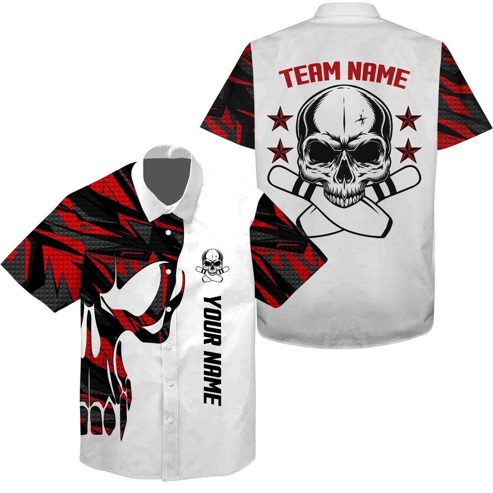 Red And White Bowling Hawaiian Shirt Skull Bowling, Custom Team Bowling Hawaiian Shirt Red And White Bowling Hawaiian Shirt Skull Bowling, Custom Team Bowling Hawaiian Shirt
