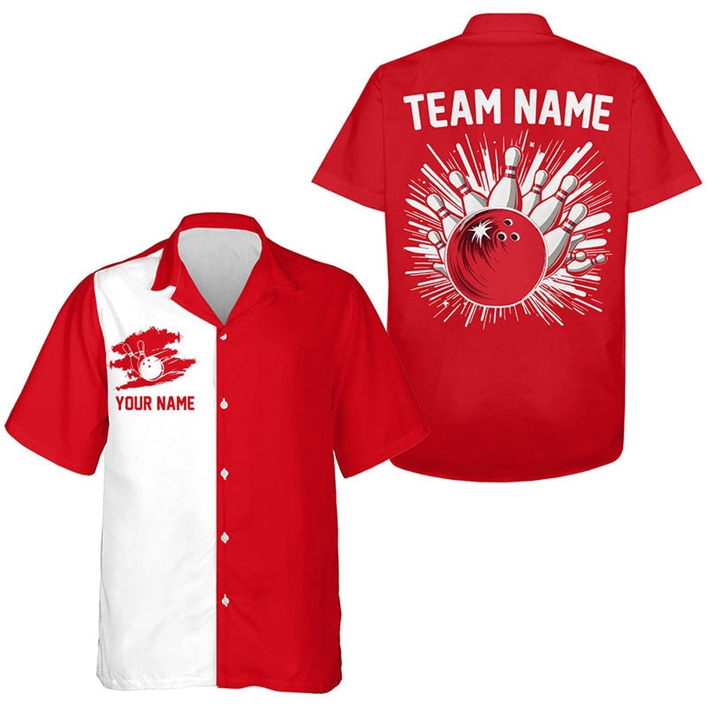 Red And White Retro Bowling Hawaiian Shirts, Custom Team Bowling Hawaiian Shirt Red And White Retro Bowling Hawaiian Shirts, Custom Team Bowling Hawaiian Shirt