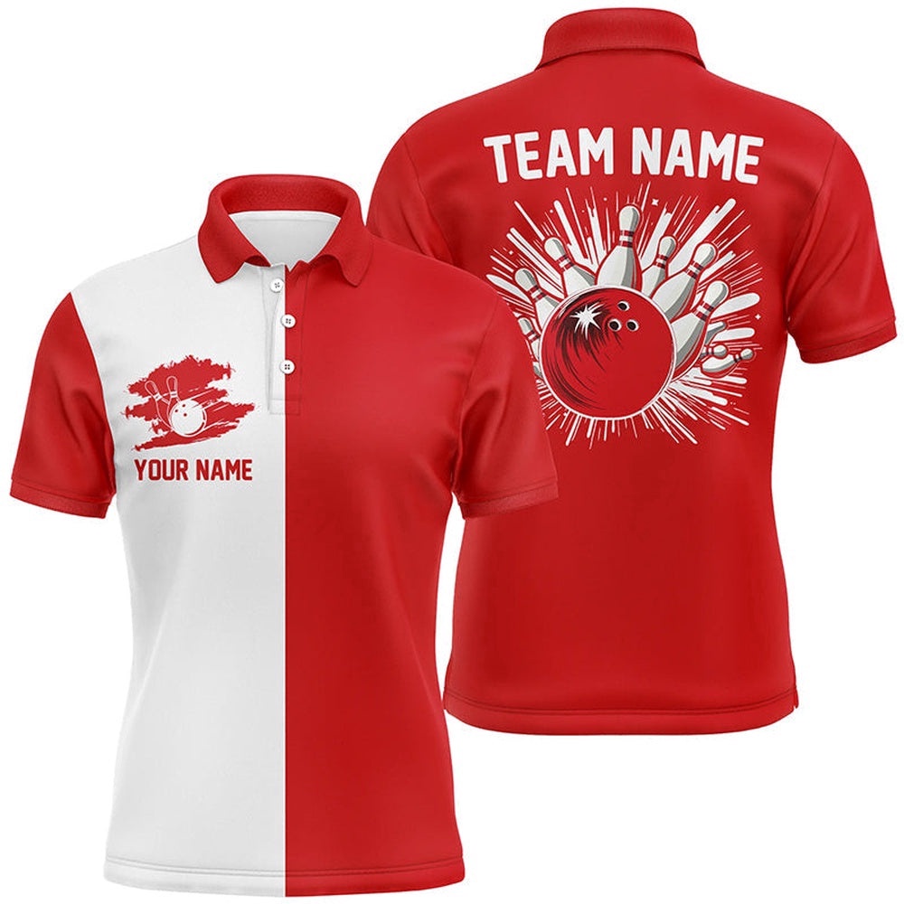 Red And White Retro Bowling Shirts For Men Custom Team Bowling Polo Shirt Gift For Bowlers, Personalized Bowling Team Shirt Red And White Retro Bowling Shirts For Men Custom Team Bowling Polo Shirt Gift For Bowlers, Personalized Bowling Team Shirt
