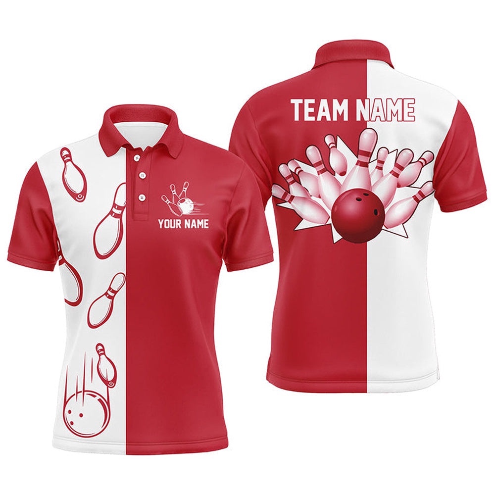 Red And White Retro Vintage Bowling Polo Shirts For Men Custom Bowling Team Polo Shirt, Personalized Bowling Team Shirt