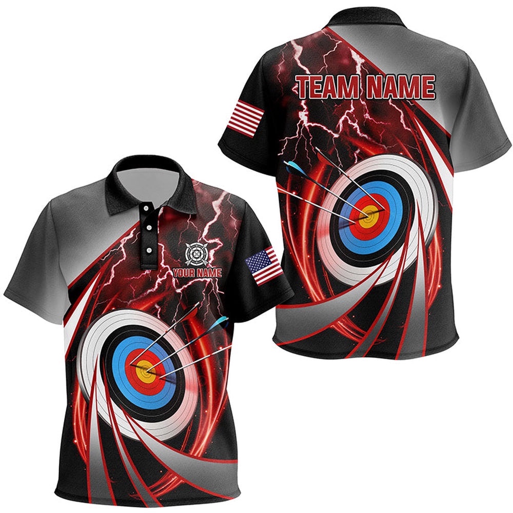 Red Archery Target Thunder Lightning Polo Shirts, Team League Archery Shirts, Custom Archery Team Polo Shirt Red Archery Target Thunder Lightning Polo Shirts, Team League Archery Shirts, Custom Archery Team Polo Shirt