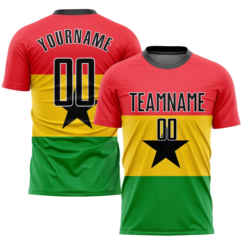 Red Black Gold Kelly Green Sublimation Ghanaian Flag Soccer Uniform Jersey, Custom Team Soccer Jersey Shirt
