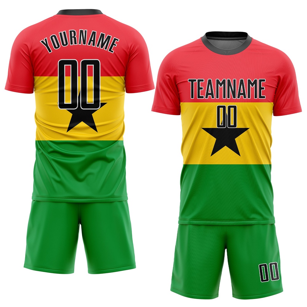 Red Black Gold Kelly Green Sublimation Ghanaian Flag Soccer Uniform Jersey, Custom Team Soccer Jersey Shirt