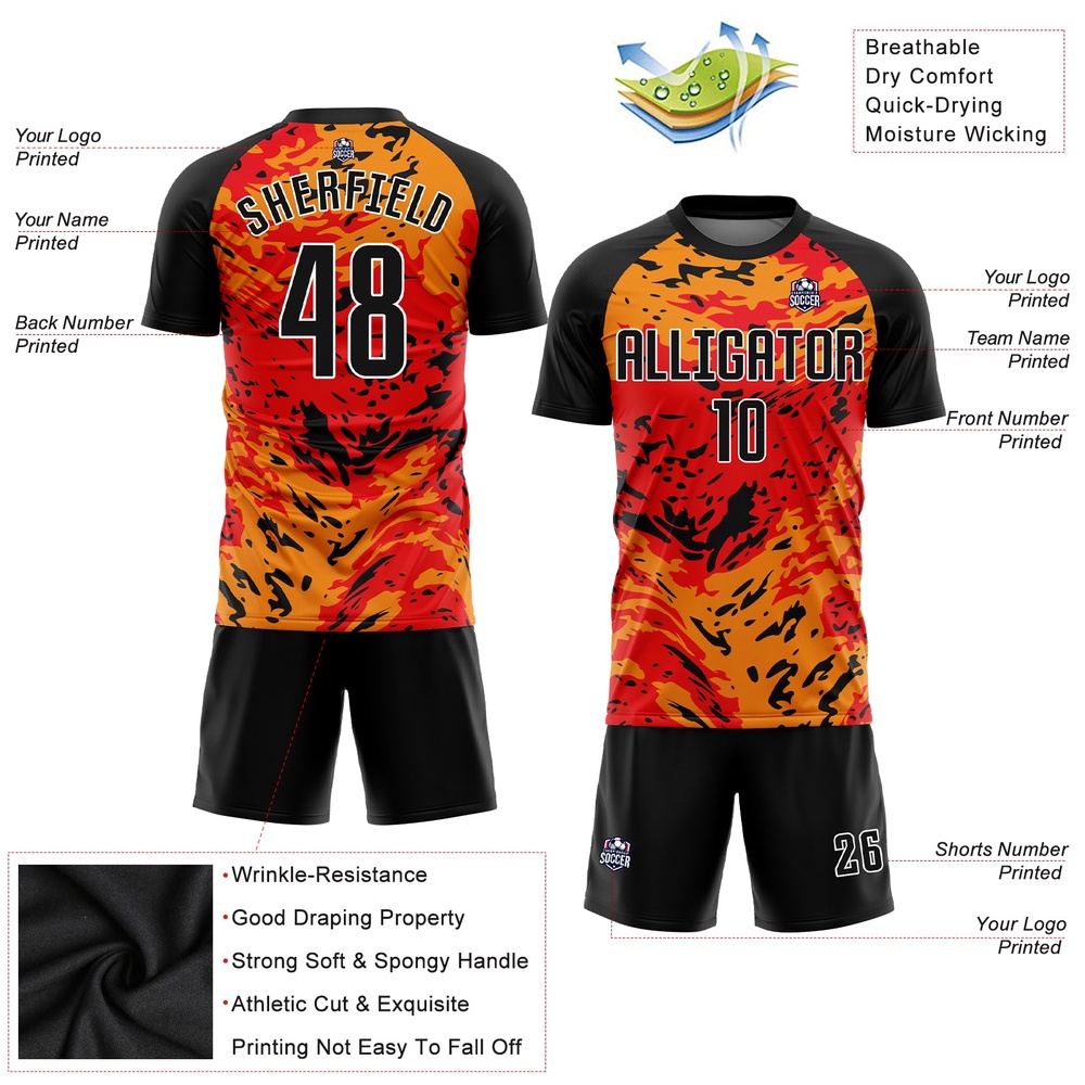 Red Black Gold Sublimation Soccer Uniform Jersey, Custom Team Soccer Jersey Shirt Red Black Gold Sublimation Soccer Uniform Jersey, Custom Team Soccer Jersey Shirt