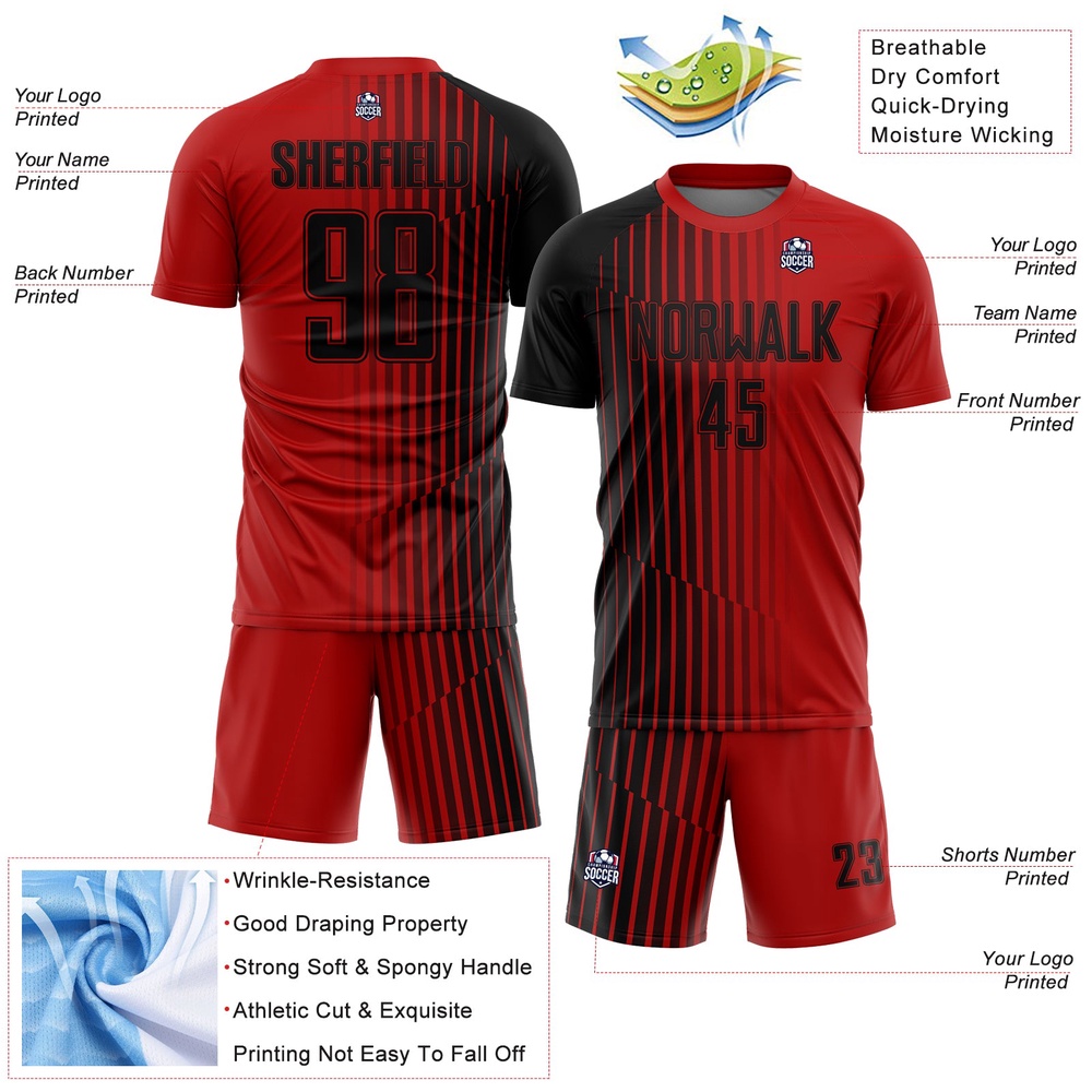 Red Black Lines Sublimation Soccer Uniform Jersey, Custom Team Soccer Jersey Shirt Red Black Lines Sublimation Soccer Uniform Jersey, Custom Team Soccer Jersey Shirt