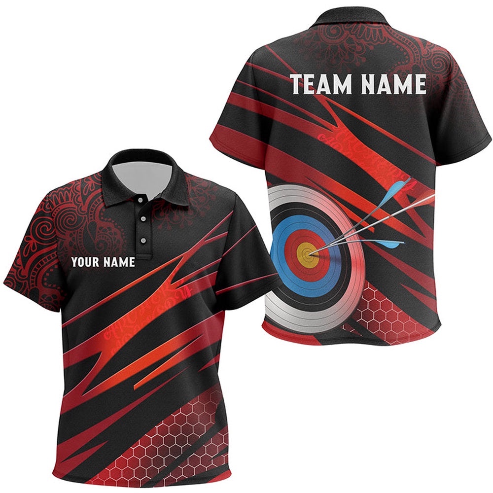 Red Black Target Archery Polo Shirts, Custom Tribal Pattern Archery Shirts, Custom Archery Team Polo Shirt