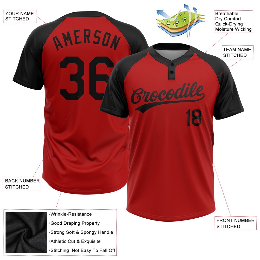 Red Black Two Button Unisex Softball Jersey, Custom Team Softball Jersey