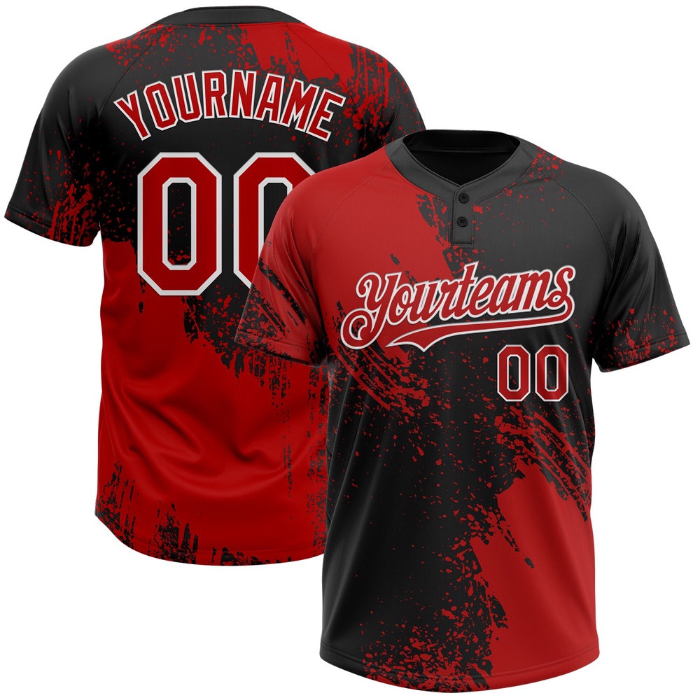 Red Black White 3D Pattern Abstract Brush Stroke Two Button Unisex Softball Jersey, Custom Team Softball Jersey Red Black White 3D Pattern Abstract Brush Stroke Two Button Unisex Softball Jersey, Custom Team Softball Jersey