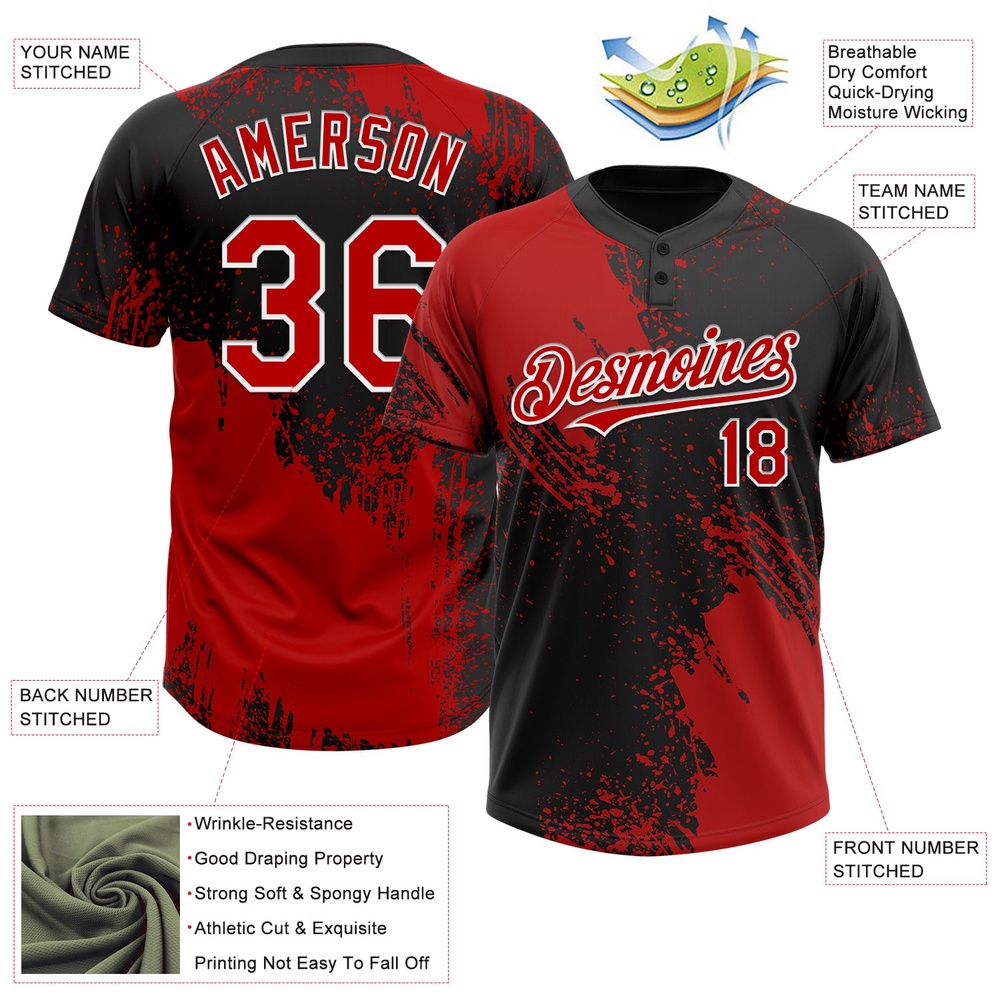 Red Black White 3D Pattern Abstract Brush Stroke Two Button Unisex Softball Jersey, Custom Team Softball Jersey Red Black White 3D Pattern Abstract Brush Stroke Two Button Unisex Softball Jersey, Custom Team Softball Jersey