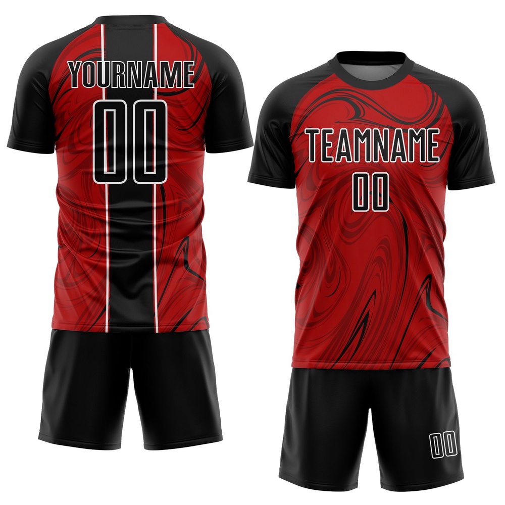 Red Black White Abstract Fluid Sublimation Soccer Uniform Jersey, Custom Team Soccer Jersey Shirt