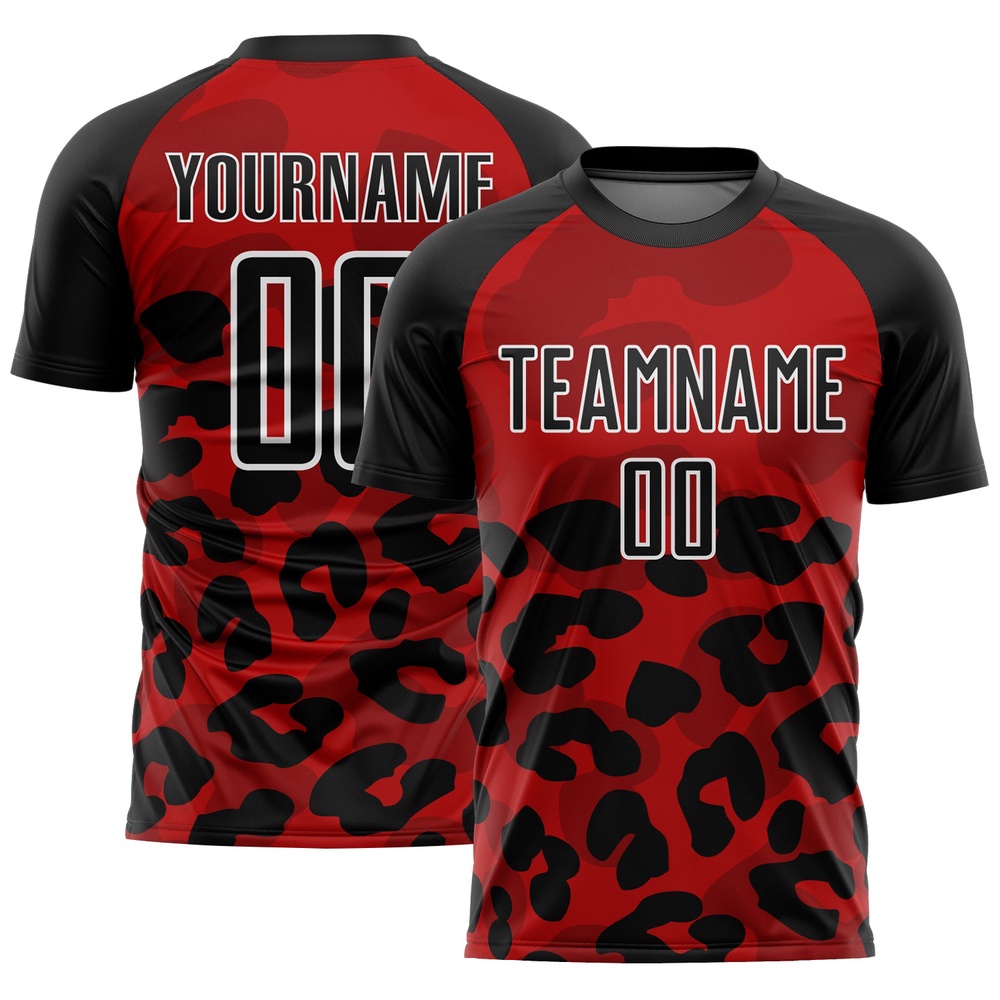 Red Black White Animal Print Sublimation Soccer Uniform Jersey, Custom Team Soccer Jersey Shirt Red Black White Animal Print Sublimation Soccer Uniform Jersey, Custom Team Soccer Jersey Shirt