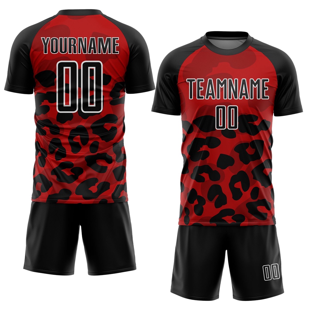 Red Black White Animal Print Sublimation Soccer Uniform Jersey, Custom Team Soccer Jersey Shirt Red Black White Animal Print Sublimation Soccer Uniform Jersey, Custom Team Soccer Jersey Shirt