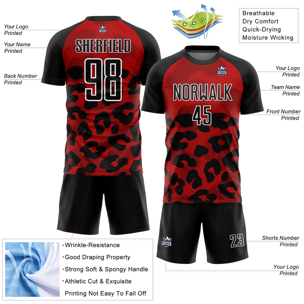 Red Black White Animal Print Sublimation Soccer Uniform Jersey, Custom Team Soccer Jersey Shirt Red Black White Animal Print Sublimation Soccer Uniform Jersey, Custom Team Soccer Jersey Shirt
