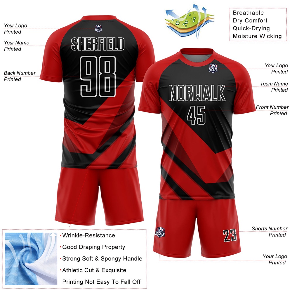 Red Black White Arrow Shapes Sublimation Soccer Uniform Jersey, Custom Team Soccer Jersey Shirt