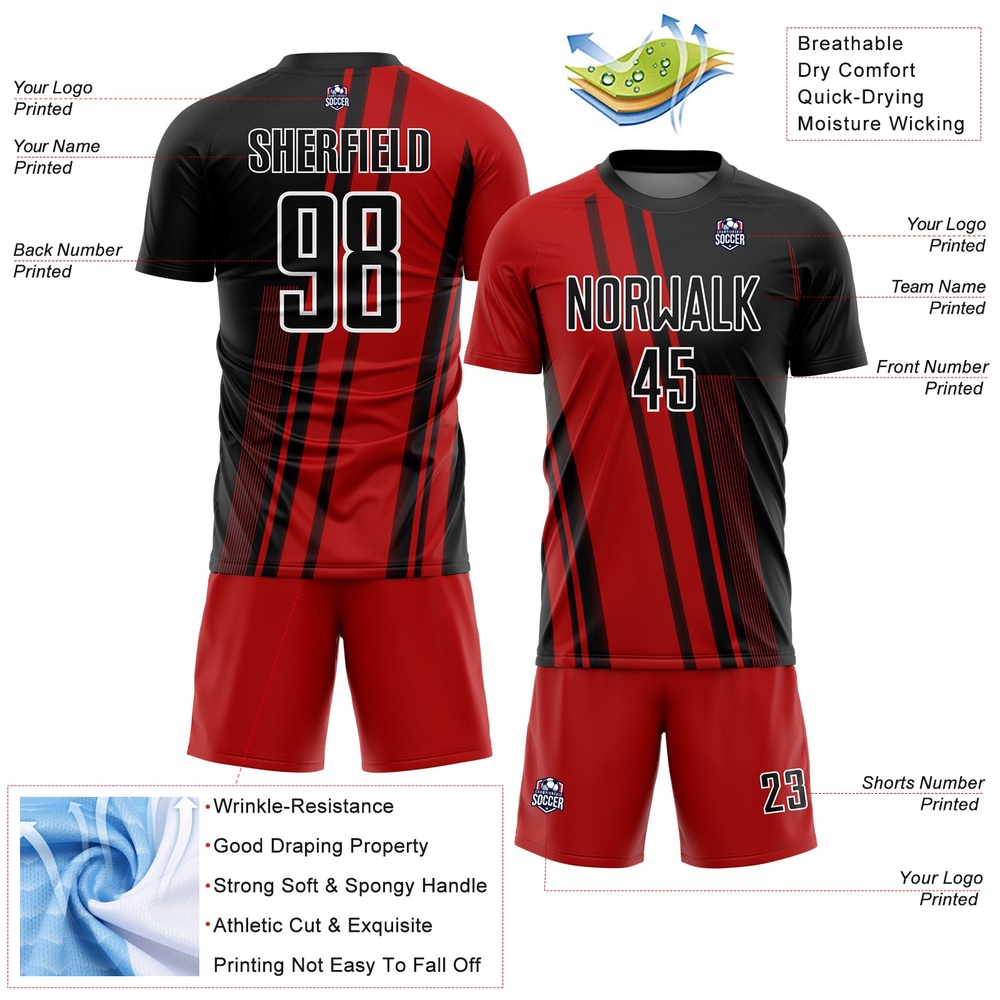Red Black White Lines Sublimation Soccer Uniform Jersey, Custom Team Soccer Jersey Shirt
