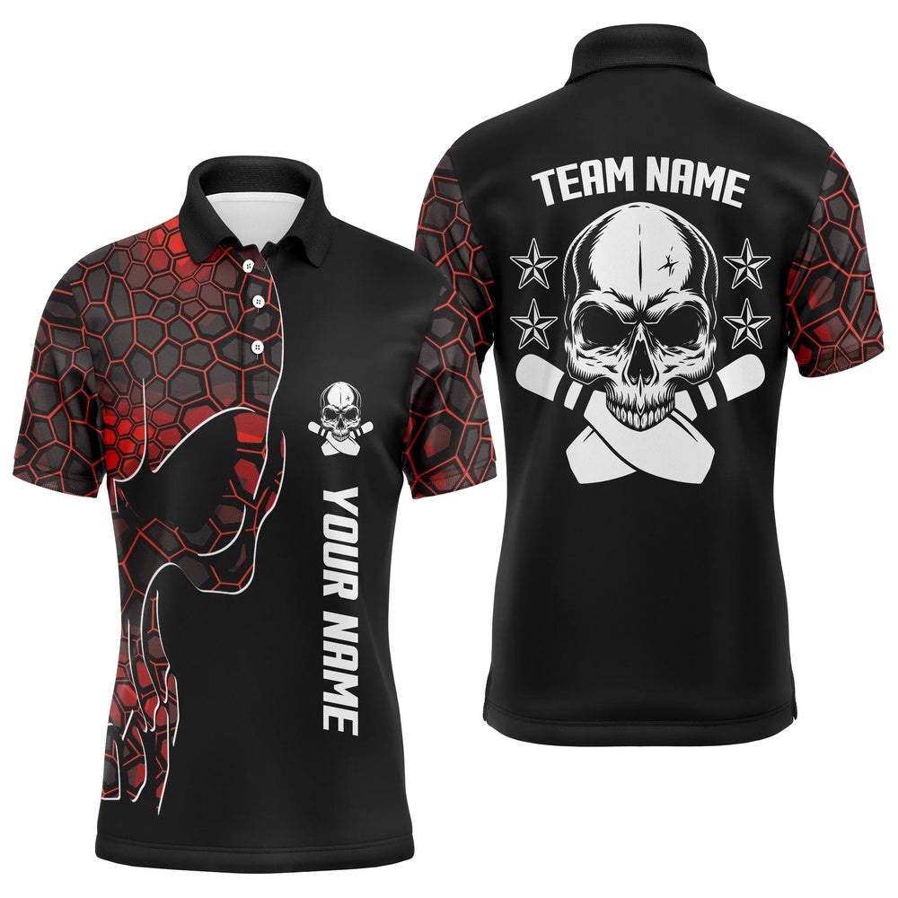 Red Camo Black Bowling Polo Shirts For Men Custom Team Name Skull Bowling, Team Bowling Shirts, Personalized Bowling Team Shirt Red Camo Black Bowling Polo Shirts For Men Custom Team Name Skull Bowling, Team Bowling Shirts, Personalized Bowling Team Shirt