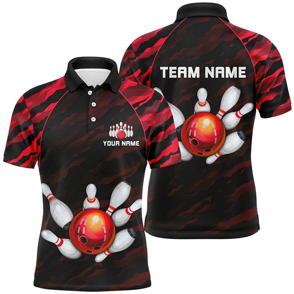 Red Camo Bowling Polo Shirts Unisex Bowling Team Polo Shirt Men Women, Personalized Bowling Team Shirt