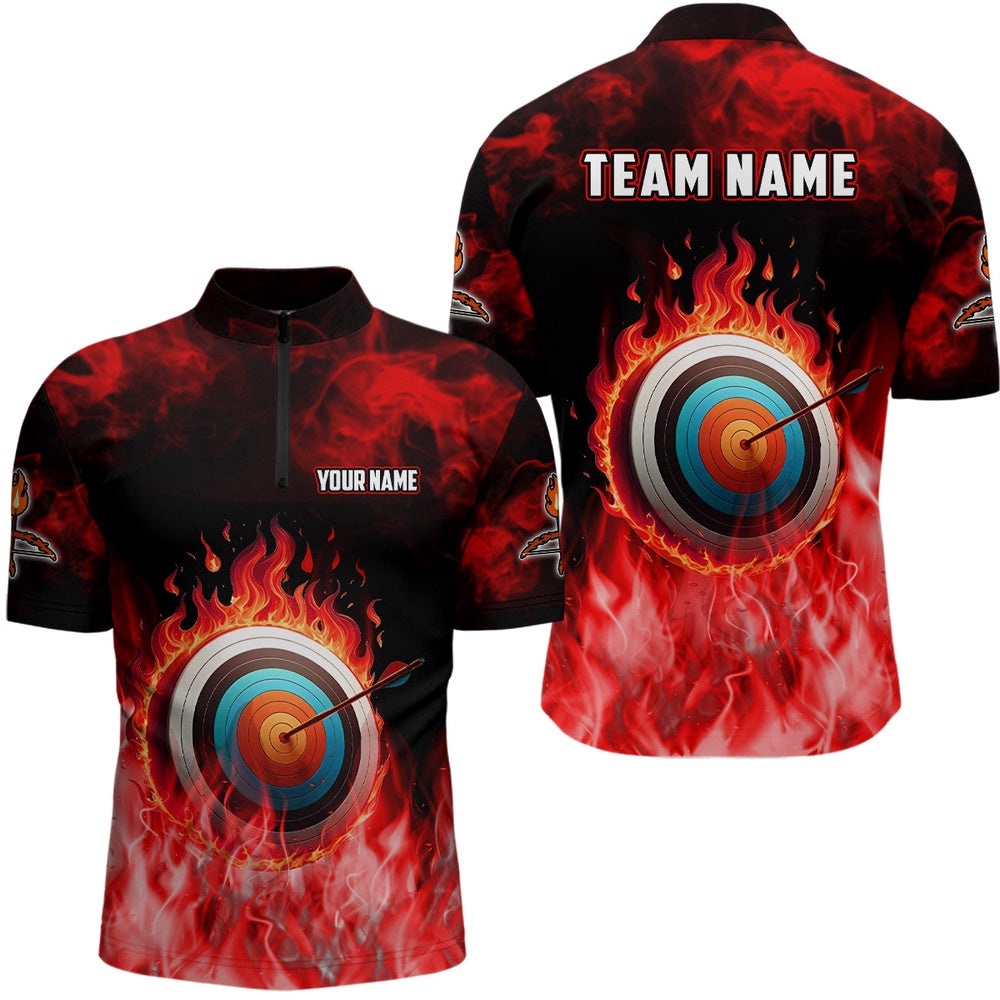 Red Flaming Target Archery Jersey Shirts For Men, Bow Arrow Archery Jerseys, Custom Archery Team Shirt