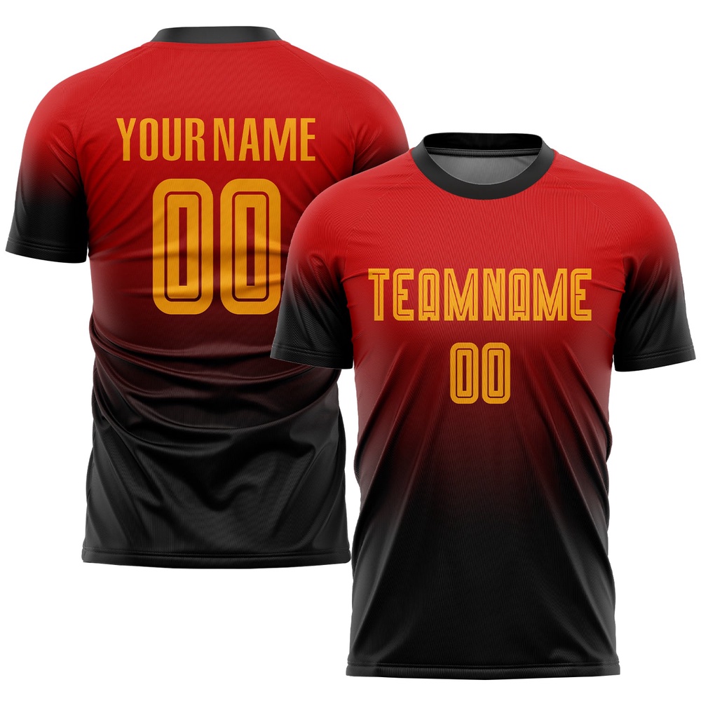 Red Gold Black Sublimation Fade Fashion Soccer Uniform Jersey, Custom Team Soccer Jersey Shirt