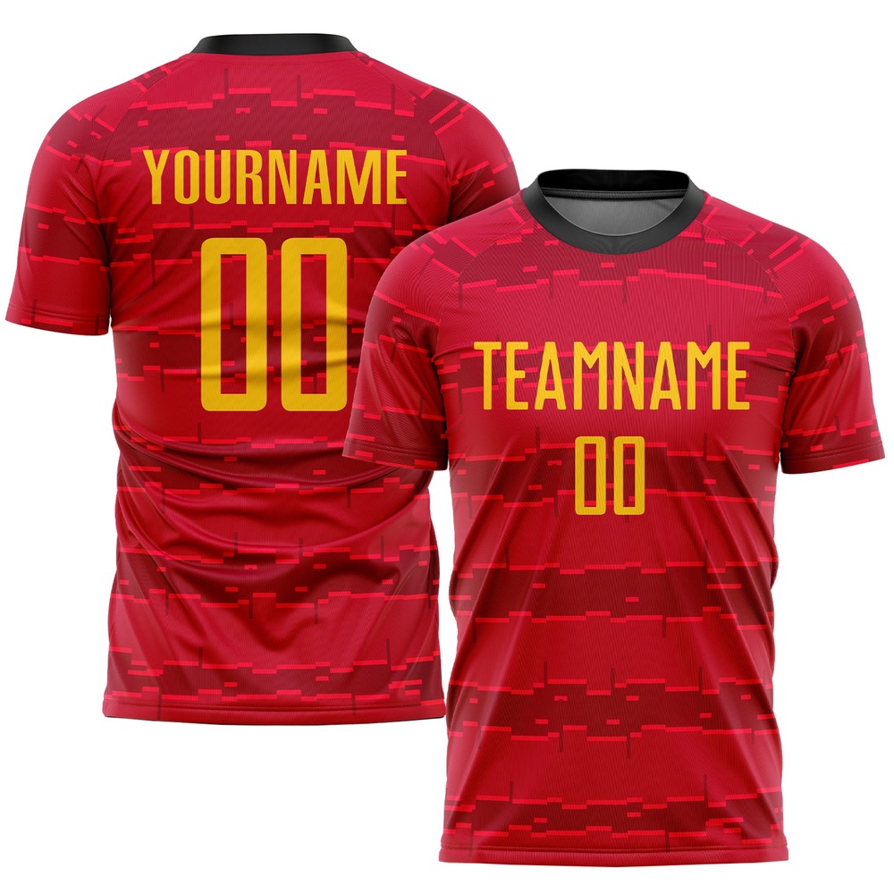 Red Gold Black Sublimation Soccer Uniform Jersey, Custom Team Soccer Jersey Shirt Red Gold Black Sublimation Soccer Uniform Jersey, Custom Team Soccer Jersey Shirt