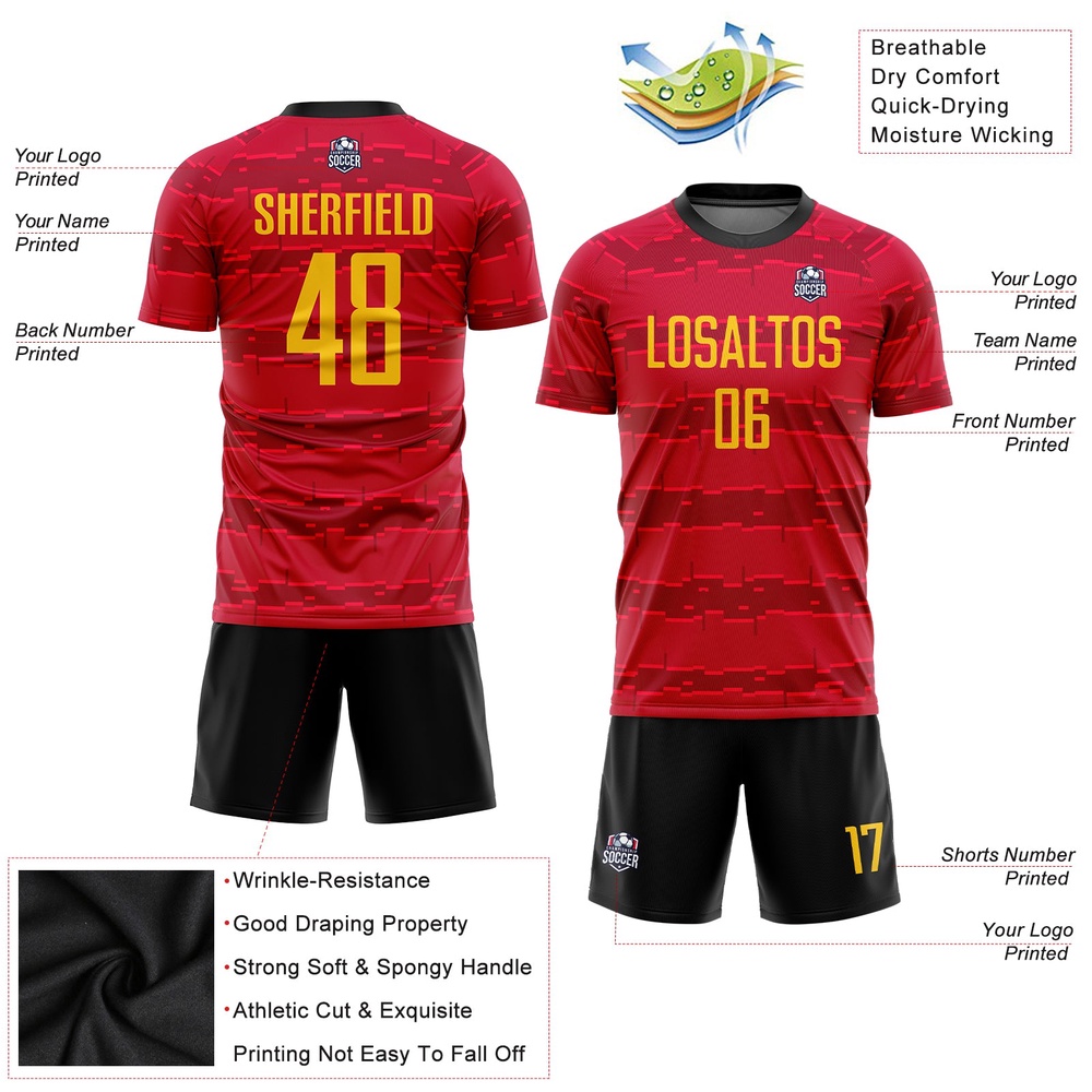 Red Gold Black Sublimation Soccer Uniform Jersey, Custom Team Soccer Jersey Shirt Red Gold Black Sublimation Soccer Uniform Jersey, Custom Team Soccer Jersey Shirt