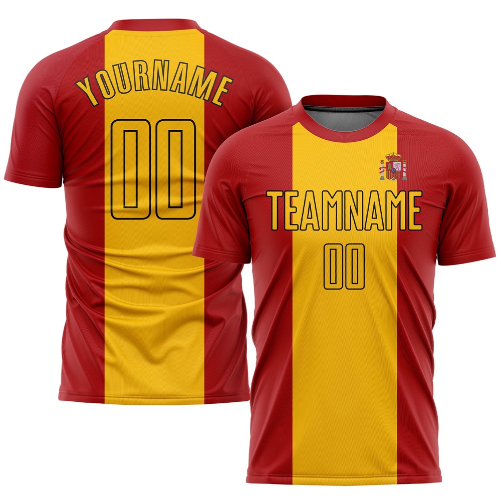 Red Gold Black Sublimation Spanish Flag Soccer Uniform Jersey, Custom Team Soccer Jersey Shirt Red Gold Black Sublimation Spanish Flag Soccer Uniform Jersey, Custom Team Soccer Jersey Shirt