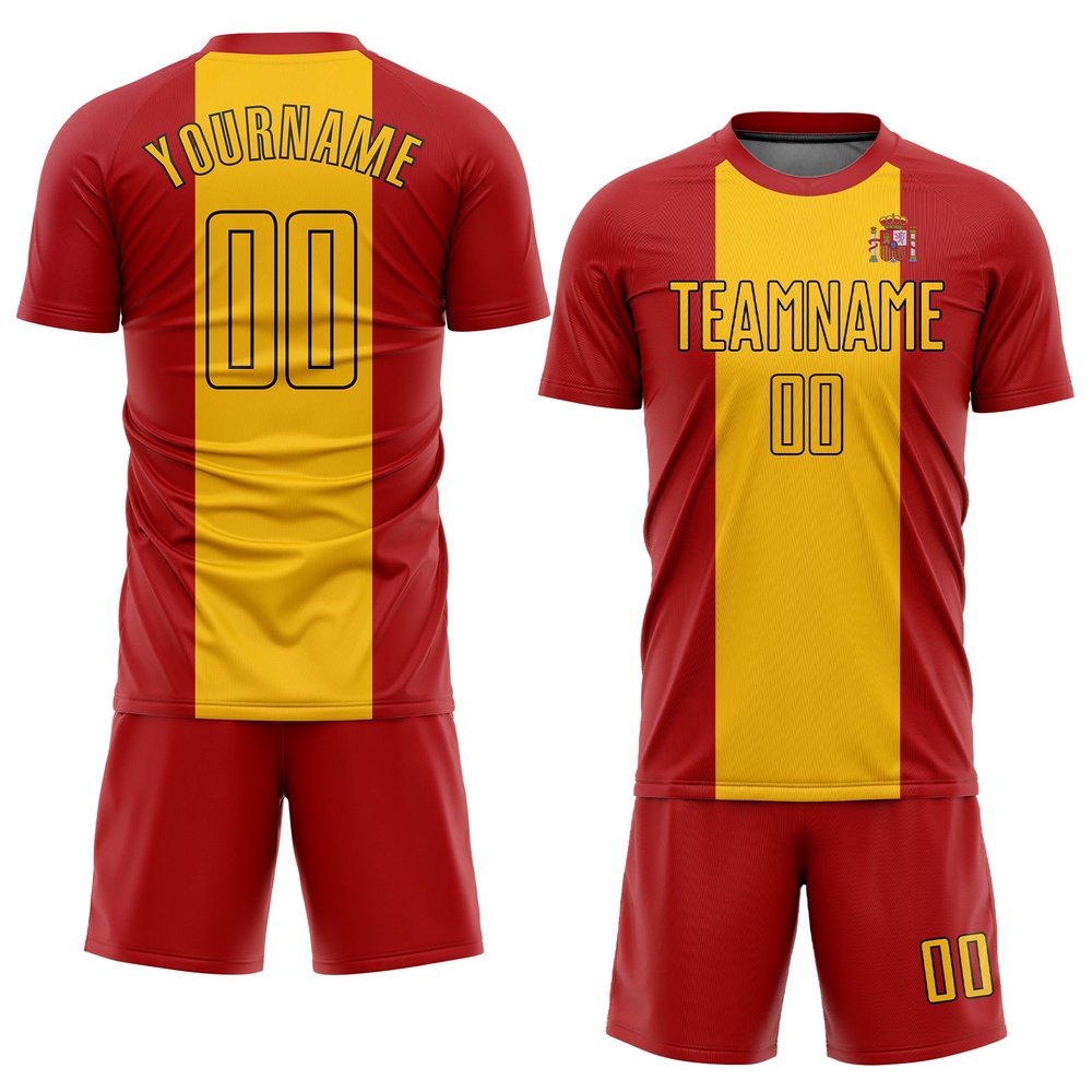 Red Gold Black Sublimation Spanish Flag Soccer Uniform Jersey, Custom Team Soccer Jersey Shirt Red Gold Black Sublimation Spanish Flag Soccer Uniform Jersey, Custom Team Soccer Jersey Shirt