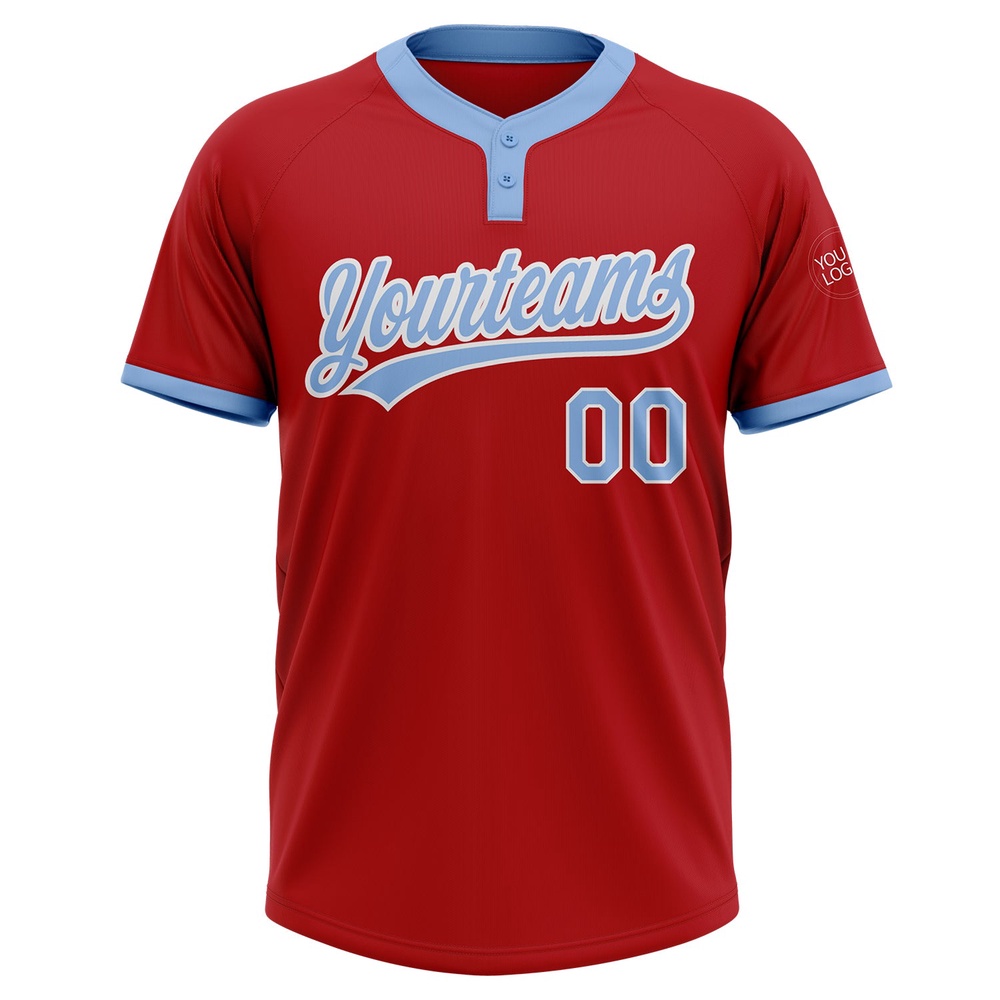 Red Light Blue White Two Button Unisex Softball Jersey, Custom Team Softball Jersey Red Light Blue White Two Button Unisex Softball Jersey, Custom Team Softball Jersey
