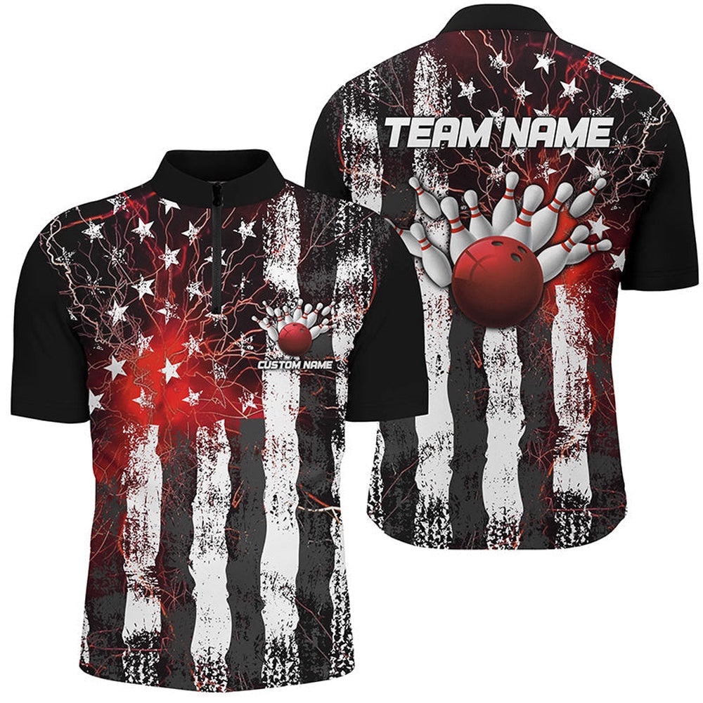 Red Lightning American Flag Unisex Bowling Team Jersey, Patriotic Bowling Team Shirts, Custom Bowling Team Jersey Shirt Red Lightning American Flag Unisex Bowling Team Jersey, Patriotic Bowling Team Shirts, Custom Bowling Team Jersey Shirt
