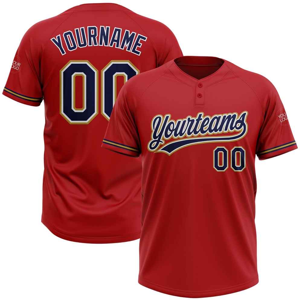 Red Navy Old Gold Two Button Unisex Softball Jersey, Custom Team Softball Jersey Red Navy Old Gold Two Button Unisex Softball Jersey, Custom Team Softball Jersey