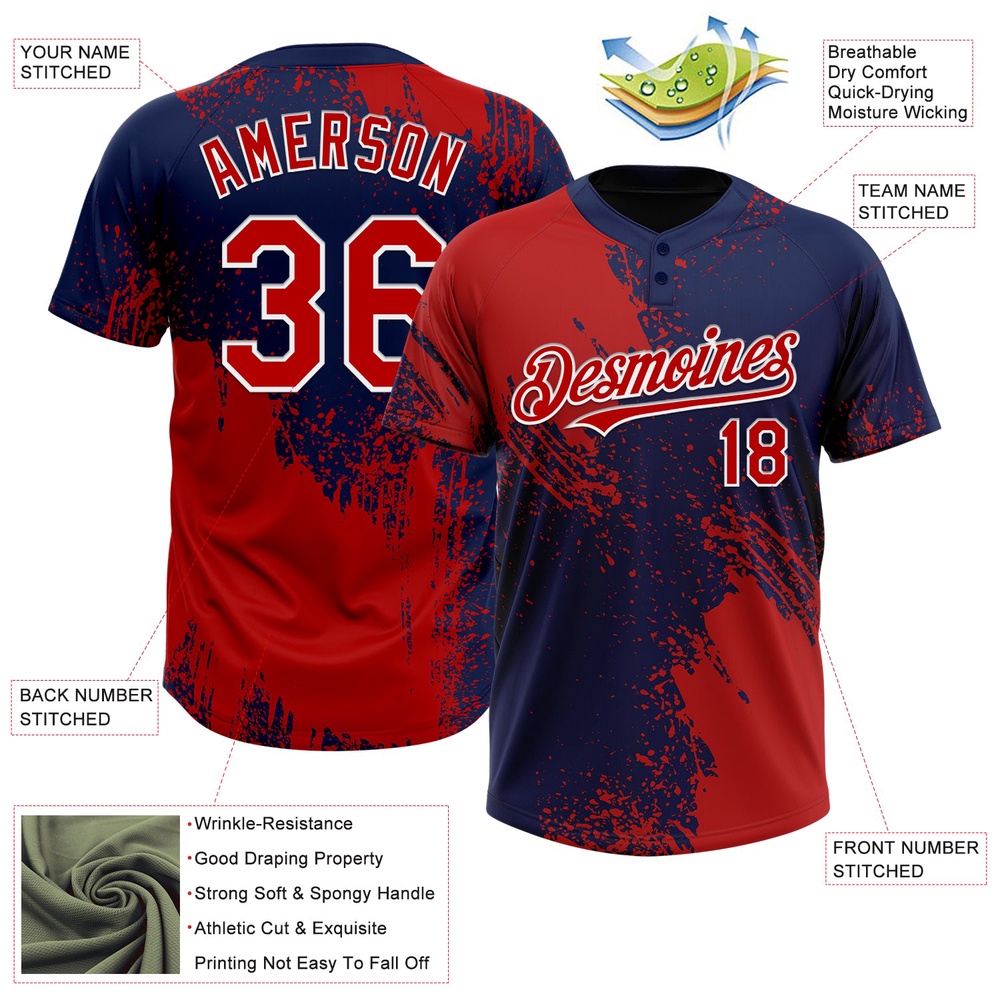 Red Navy White 3D Pattern Abstract Brush Stroke Two Button Unisex Softball Jersey, Custom Team Softball Jersey Red Navy White 3D Pattern Abstract Brush Stroke Two Button Unisex Softball Jersey, Custom Team Softball Jersey