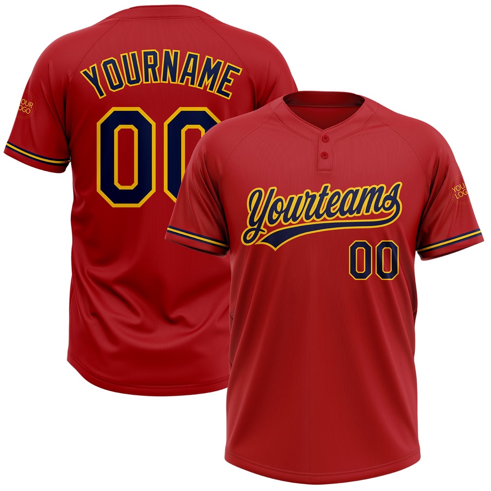 Red Navy Yellow Two Button Unisex Softball Jersey, Custom Team Softball Jersey