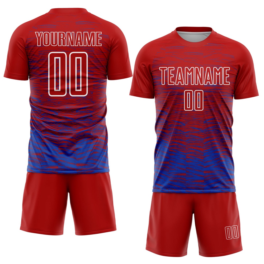 Red Thunder Blue White Line Sublimation Soccer Uniform Jersey, Custom Team Soccer Jersey Shirt