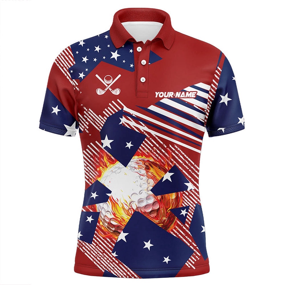 Red, White And Blue American Flag Flame Golf Ball Custom Men’s Golf Polo Shirts For Men, Golf Polo Shirt, Golf Shirts Red, White And Blue American Flag Flame Golf Ball Custom Men’s Golf Polo Shirts For Men, Golf Polo Shirt, Golf Shirts