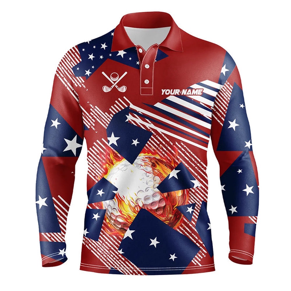 Red, White And Blue American Flag Flame Golf Ball Custom Men’s Golf Polo Shirts For Men, Golf Polo Shirt, Golf Shirts Red, White And Blue American Flag Flame Golf Ball Custom Men’s Golf Polo Shirts For Men, Golf Polo Shirt, Golf Shirts