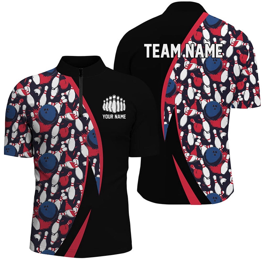 Red, White And Blue Bowling Ball And Pins Pattern Bowling Team Jersey For Men, Custom Bowling Team Jersey Shirt