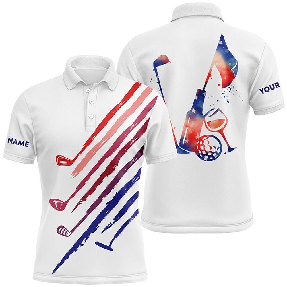 Red, White And Blue Men’s Golf Polo Shirts Custom Vintage Golf Wine Clubs Patriotic Golf Tops For Men’s, Golf Polo Shirt, Golf Shirts