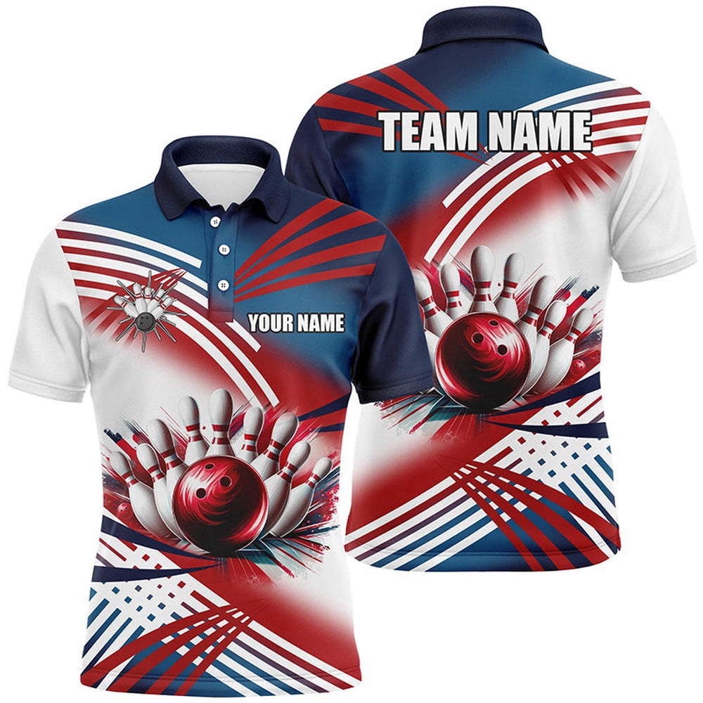 Red, White And Blue Mens Bowling Polo Shirts Custom Bowling Ball And Pins Team Bowling Shirts For Men, Personalized Bowling Team Shirt Red, White And Blue Mens Bowling Polo Shirts Custom Bowling Ball And Pins Team Bowling Shirts For Men, Personalized Bowling Team Shirt