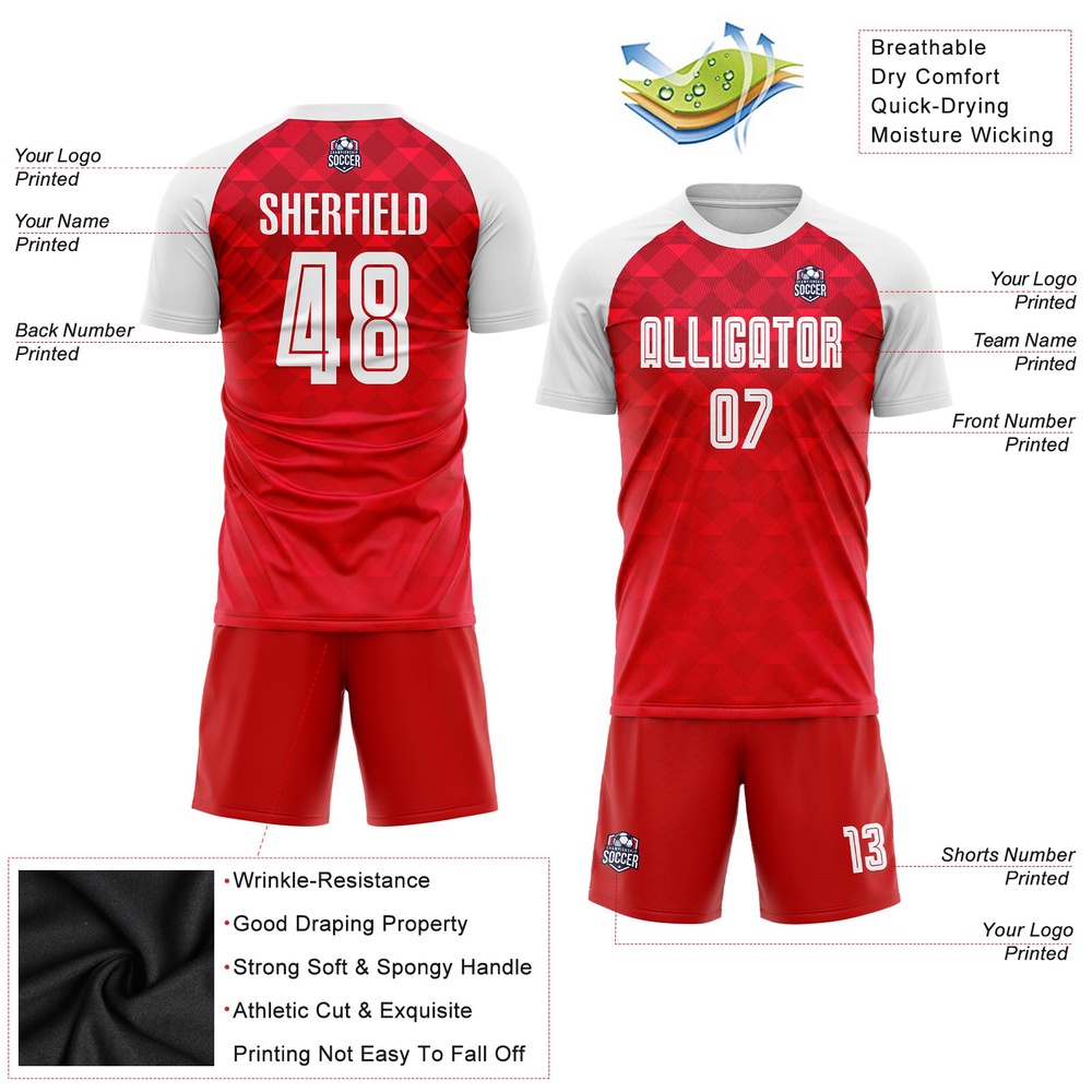 Red White Away Sublimation Soccer Uniform Jersey, Custom Team Soccer Jersey Shirt Red White Away Sublimation Soccer Uniform Jersey, Custom Team Soccer Jersey Shirt