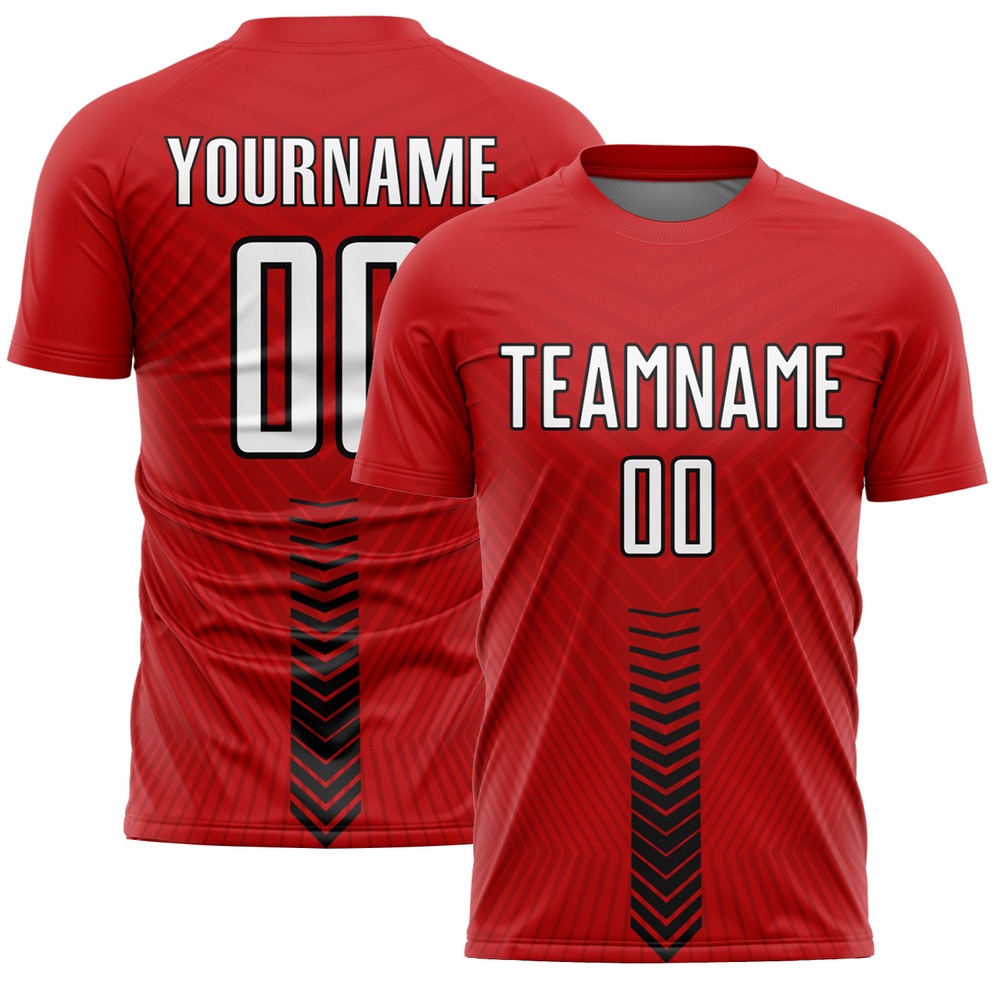 Red White Black Arrow Shapes Sublimation Soccer Uniform Jersey, Custom Team Soccer Jersey Shirt