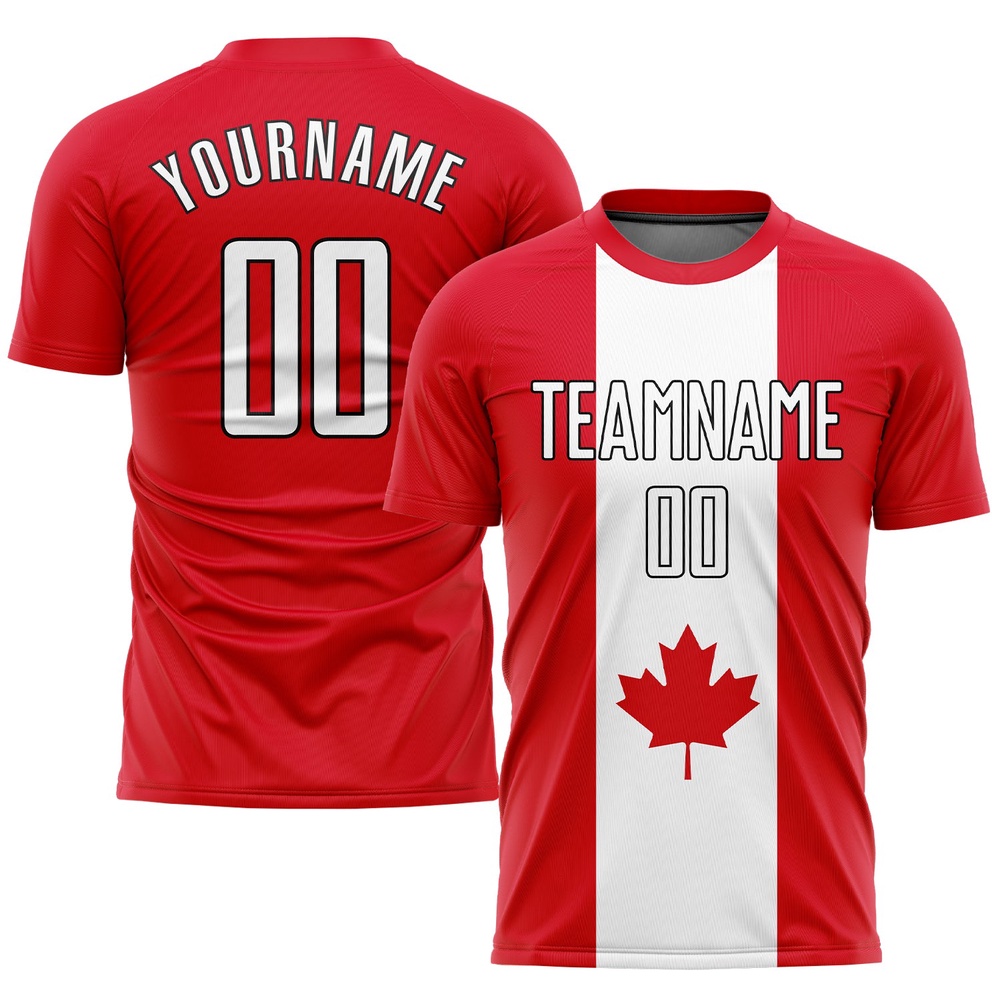 Red White Black Sublimation Canadian Flag Soccer Uniform Jersey, Custom Team Soccer Jersey Shirt Red White Black Sublimation Canadian Flag Soccer Uniform Jersey, Custom Team Soccer Jersey Shirt