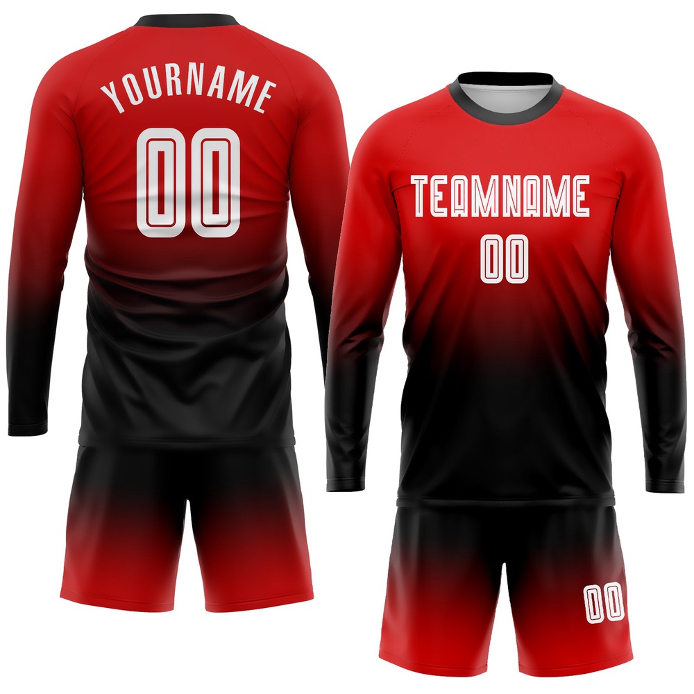 Red White Black Sublimation Long Sleeve Fade Fashion Soccer Uniform Jersey, Custom Team Soccer Jersey Shirt Red White Black Sublimation Long Sleeve Fade Fashion Soccer Uniform Jersey, Custom Team Soccer Jersey Shirt
