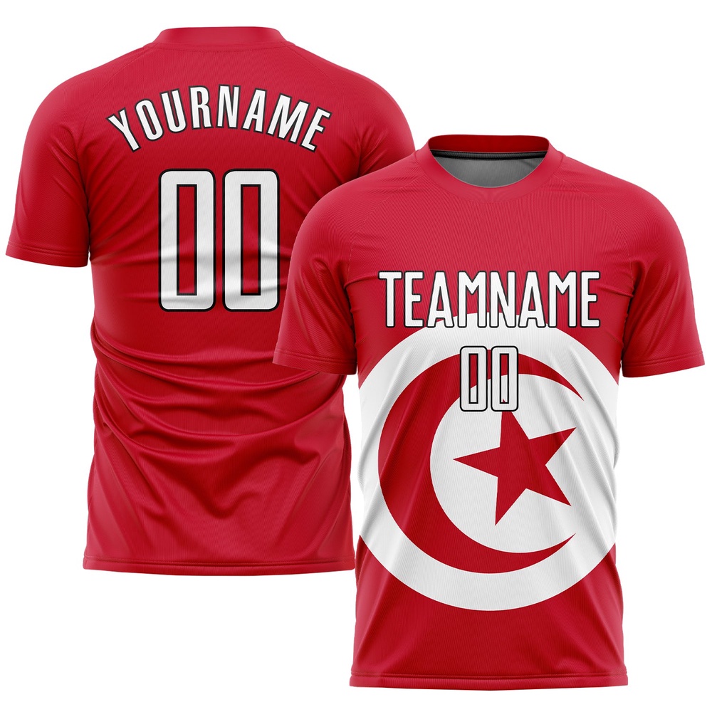 Red White Black Sublimation Tunisian Flag Soccer Uniform Jersey, Custom Team Soccer Jersey Shirt Red White Black Sublimation Tunisian Flag Soccer Uniform Jersey, Custom Team Soccer Jersey Shirt