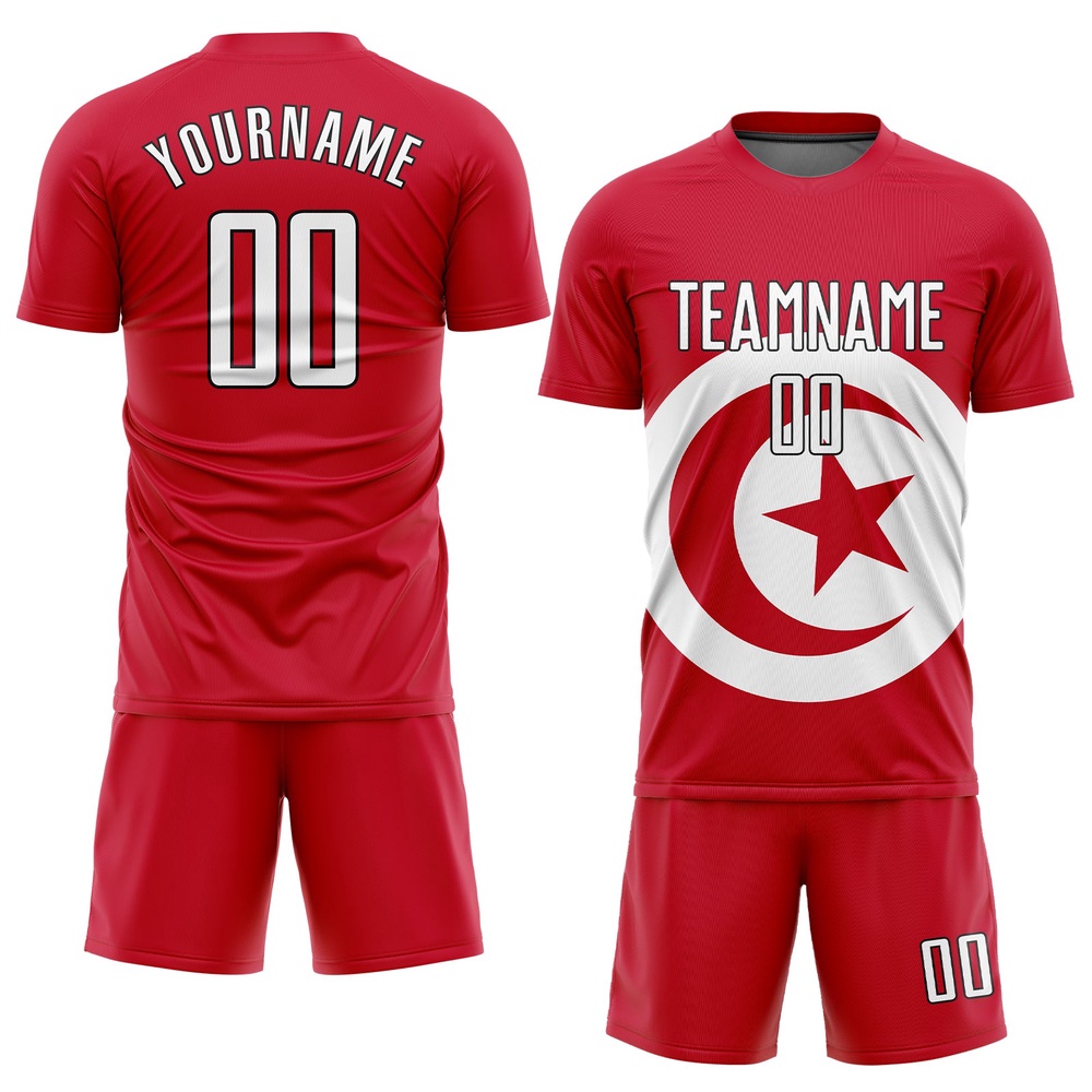 Red White Black Sublimation Tunisian Flag Soccer Uniform Jersey, Custom Team Soccer Jersey Shirt Red White Black Sublimation Tunisian Flag Soccer Uniform Jersey, Custom Team Soccer Jersey Shirt