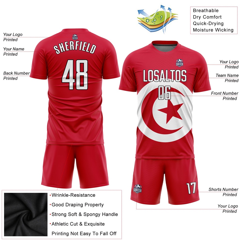 Red White Black Sublimation Tunisian Flag Soccer Uniform Jersey, Custom Team Soccer Jersey Shirt Red White Black Sublimation Tunisian Flag Soccer Uniform Jersey, Custom Team Soccer Jersey Shirt