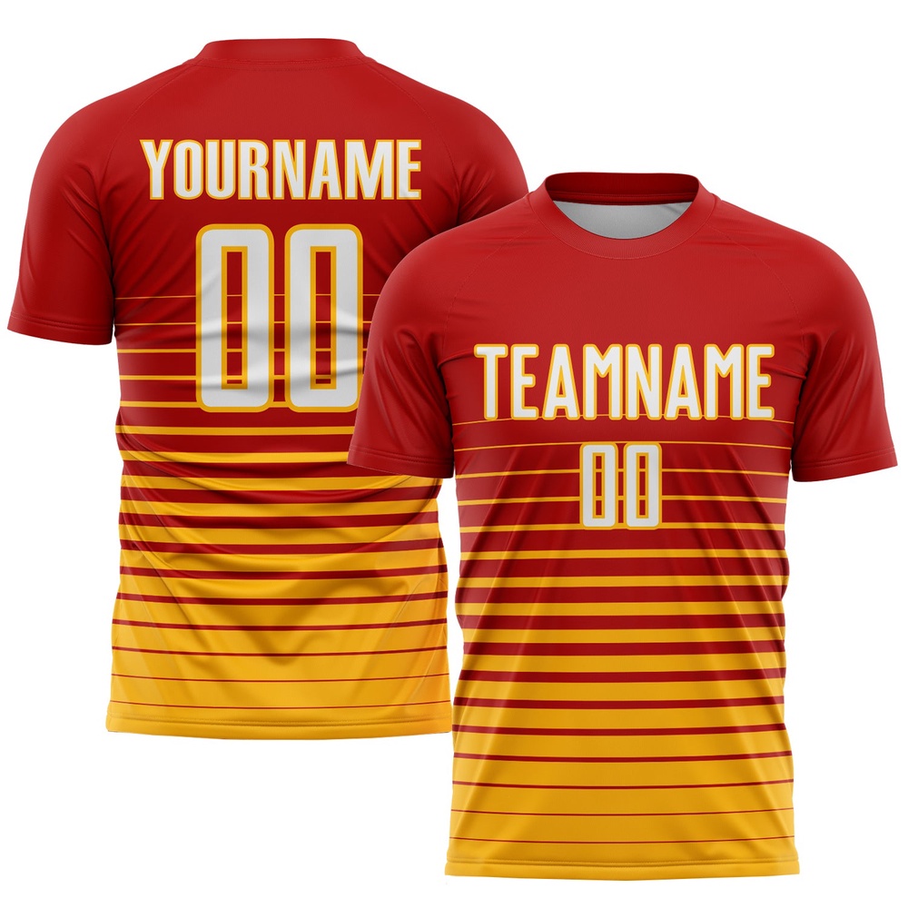 Red White Gold Pinstripe Fade Fashion Sublimation Soccer Uniform Jersey, Custom Team Soccer Jersey Shirt