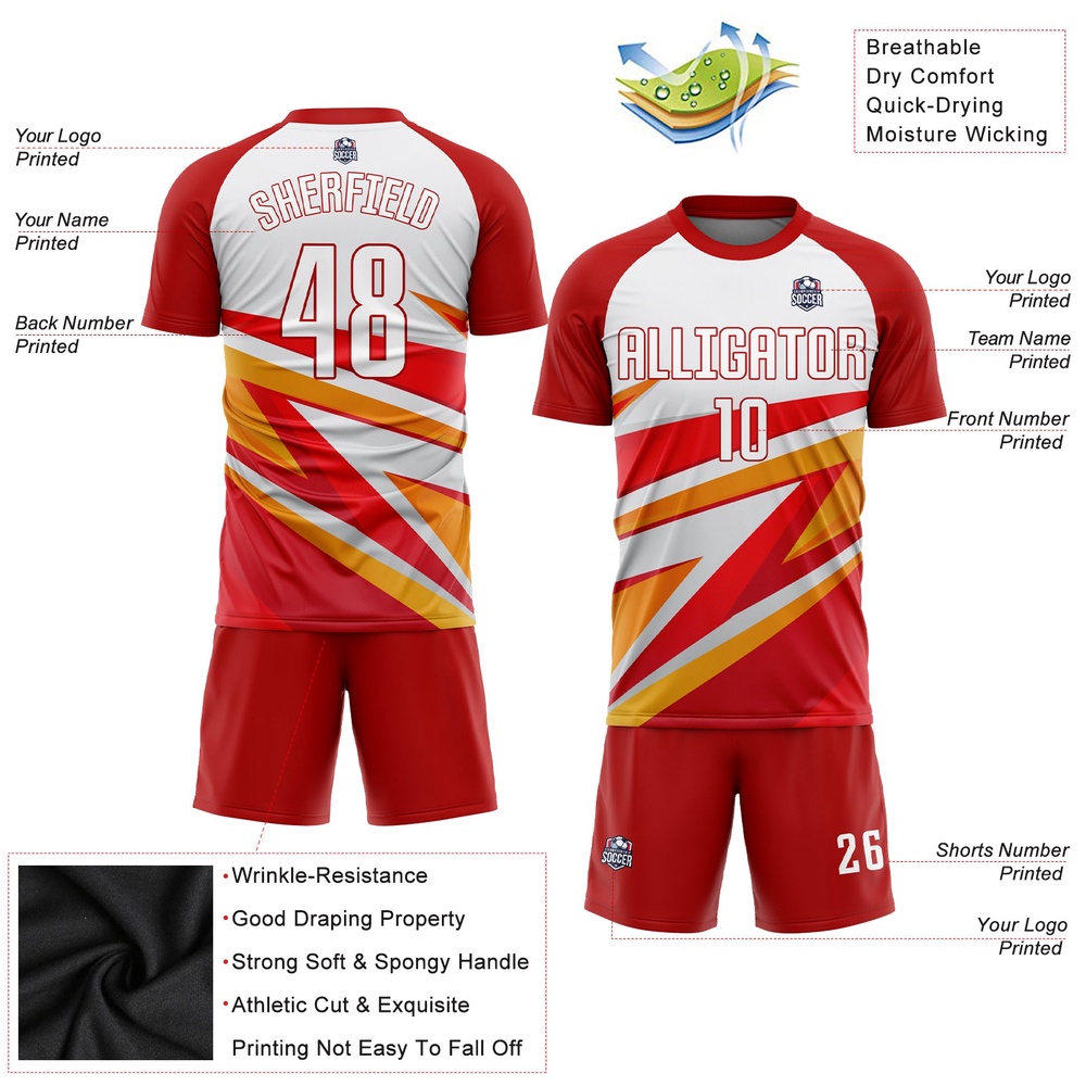 Red White Gold Sublimation Soccer Uniform Jersey, Custom Team Soccer Jersey Shirt Red White Gold Sublimation Soccer Uniform Jersey, Custom Team Soccer Jersey Shirt