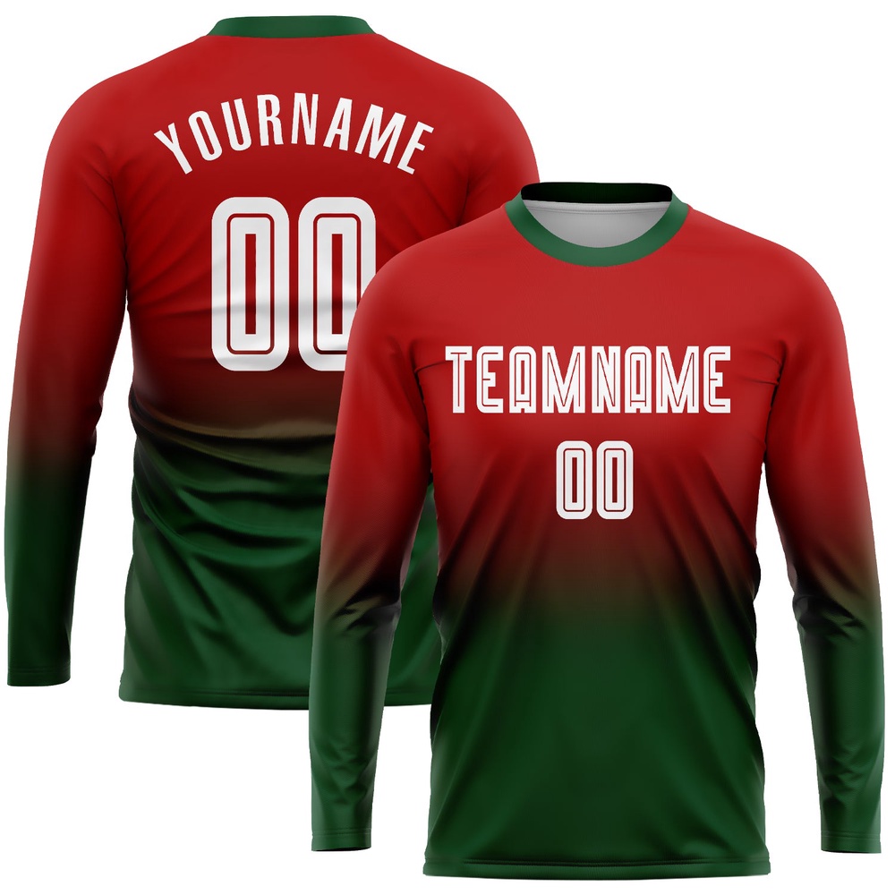 Red White Green Sublimation Long Sleeve Fade Fashion Soccer Uniform Jersey, Custom Team Soccer Jersey Shirt Red White Green Sublimation Long Sleeve Fade Fashion Soccer Uniform Jersey, Custom Team Soccer Jersey Shirt