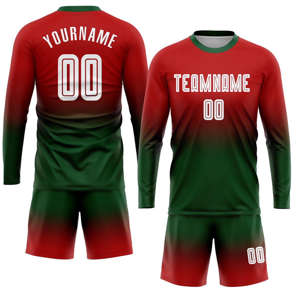 Red White Green Sublimation Long Sleeve Fade Fashion Soccer Uniform Jersey, Custom Team Soccer Jersey Shirt Red White Green Sublimation Long Sleeve Fade Fashion Soccer Uniform Jersey, Custom Team Soccer Jersey Shirt